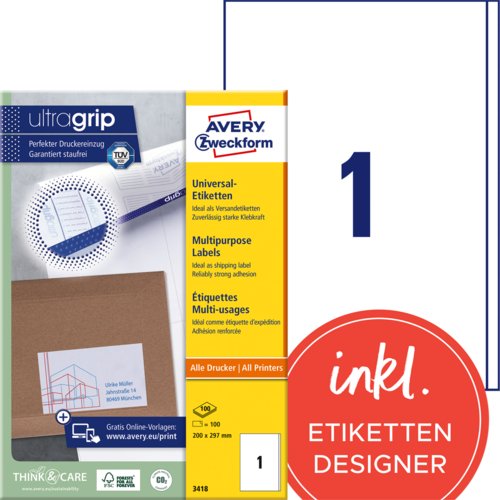 Universal Etikett ultragrip, für alle A4 Drucker