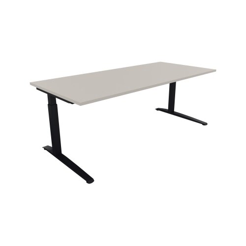 Schreibtisch all in one 2.000 x 650-850 x 900 mm (B x H x T) Flachkufe Quadratrohr lichtgrau