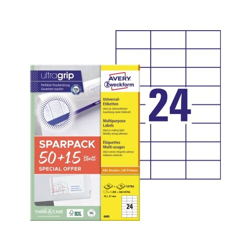 Avery Zweckform Universaletikett ultragrip SPARPACK 50 + 15 Blatt 70 x 37 mm (B x H)