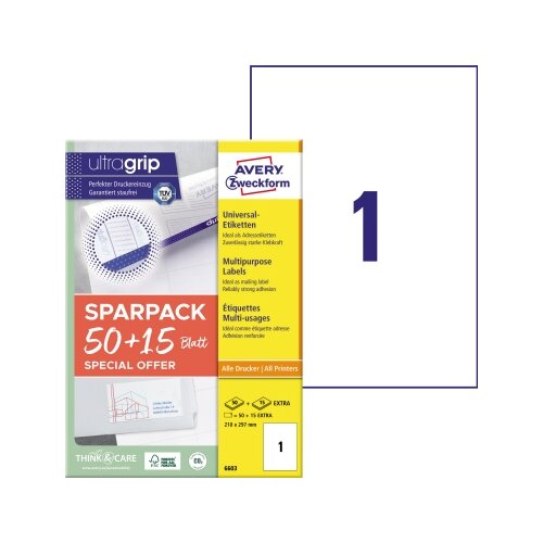 Avery Zweckform Universaletikett ultragrip SPARPACK 50 + 15 Blatt 210 x 297 mm (B x H)