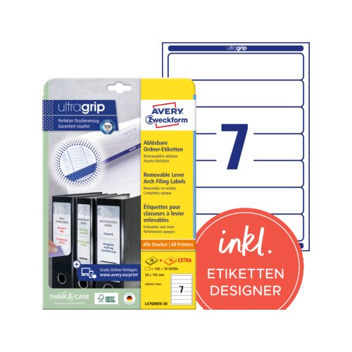 Avery Zweckform Ordnerrückenetikett ultragrip schmal/kurz 38 x 192 mm (B x H)