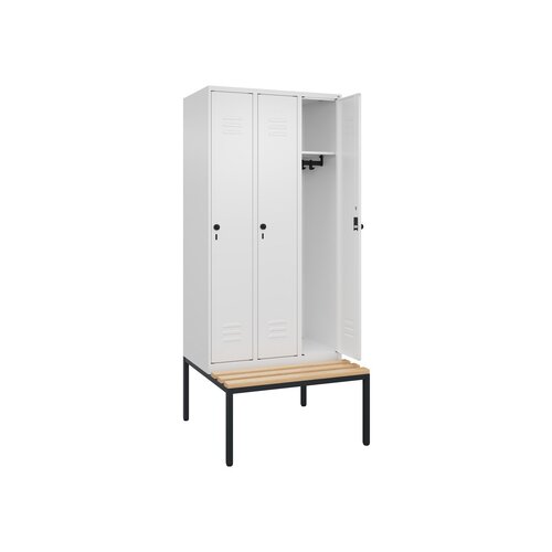 C+P Kleiderspind Classic PLUS mit untergebauter Sitzbank 3 Abteile verkehrsweiß