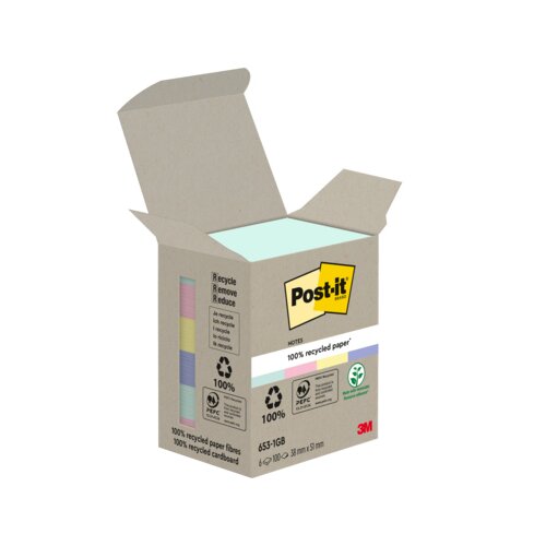 Post-it® Haftnotiz Recycling Notes Tower Pastell Rainbow 38 x 51 mm (B x H) 6 Block/Pack.