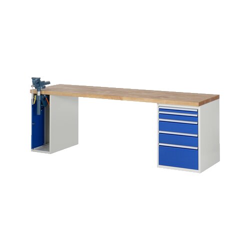 RAU Werkbank 7000 Schraubstock mit Klapplift 2.500 x 890 x 700 mm (B x H x T) 5 Schubladen