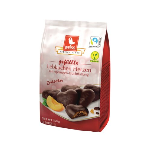 Weiss Gebäck Lebkuchen Herzen Zartbitter mit Aprikosenfruchtfüllung