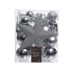 DECORIS 023371 Weihnachtskugeln Mix bruchfest silber 33St