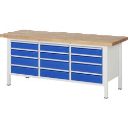 RAU 38579A2207B4H11 Werkbank 2000x700x840-1040 12xSchub-TA lgr/ebl